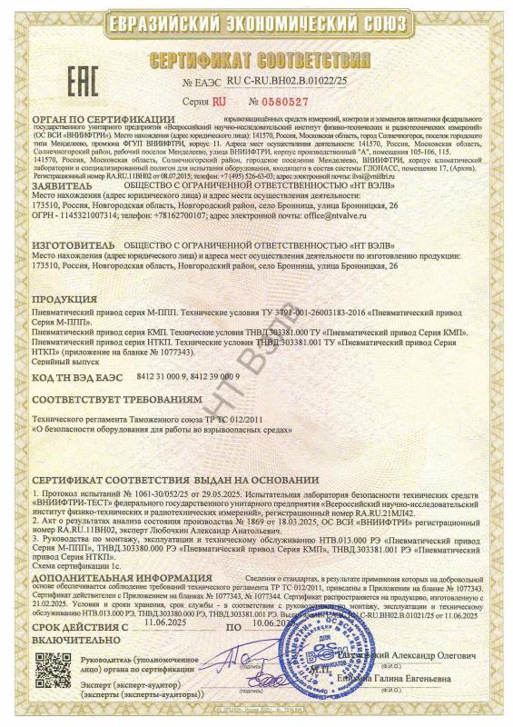 Сертификат соответствия ТР ТС 012 Приводы (М-ППП, КМП, НТКП)